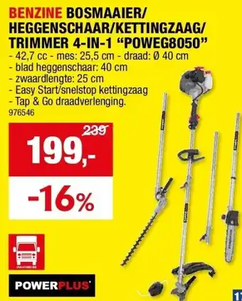 Hubo BENZINE BOSMAAIER/ HEGGENSCHAAR/KETTINGZAAG/ TRIMMER 4-IN-1 “POWEG8050” aanbieding