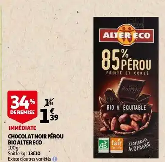 Auchan Alter Eco Chocolat Noir Perou Bio 100g aanbieding