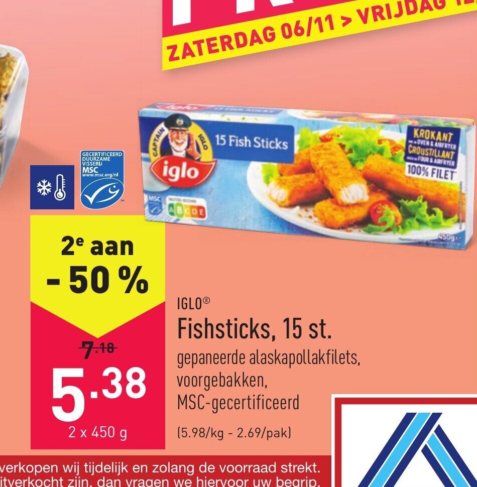 Iglo Fishsticks, 15 st. 2 x 450g promotie bij ALDI