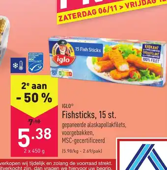 ALDI Iglo Fishsticks, 15 st. 2 x 450g aanbieding