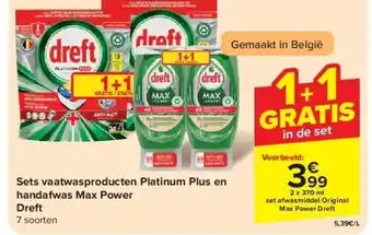 Carrefour Sets vaatwasproducten Platinum Plus en handafwas Max Power Dreft aanbieding