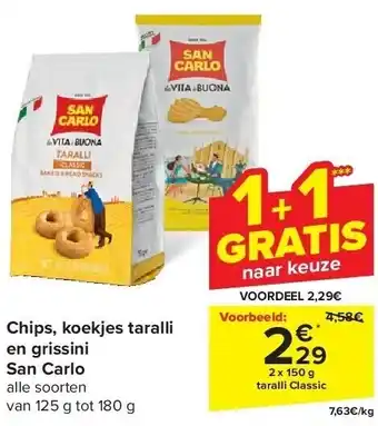 Carrefour Chips, koekjes taralli en grissini San Carlo aanbieding