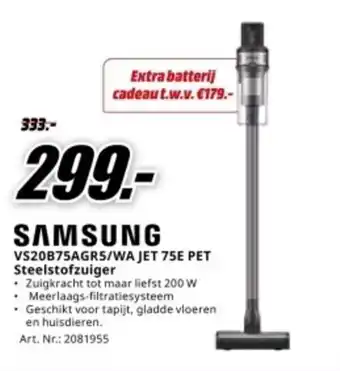 MediaMarkt SAMSUNG VS20B75AGR5 WA JET 75E PET Steelstofzuiger aanbieding