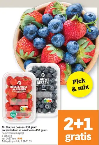 Albert Heijn Blauwe bessen 300 gram en Nederlandse aardbeien 400 gram aanbieding