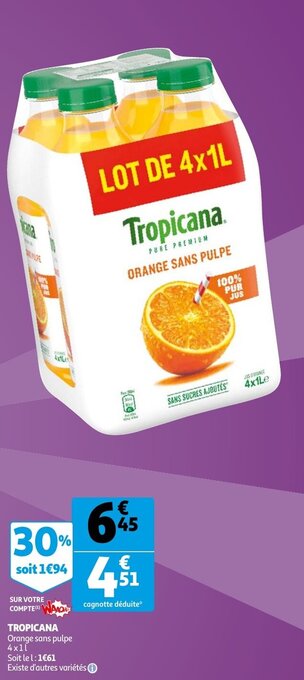 Auchan Tropicana Orange sans pulpe aanbieding