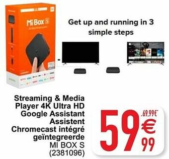 Cora Xiaomi streaming + media player 4k ultra hd google assistant assistent chromecast intégré geïntegreerde mi box s aanbieding