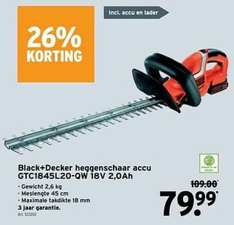 GAMMA Black+decker heggenschaar accu gtc1845l20-qw 18v 2,0ah aanbieding
