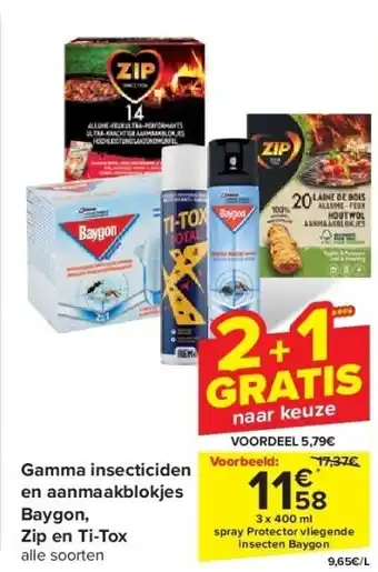 Carrefour Gamma insecticiden en aanmaakblokjes Baygon, Zip en Ti-Tox aanbieding