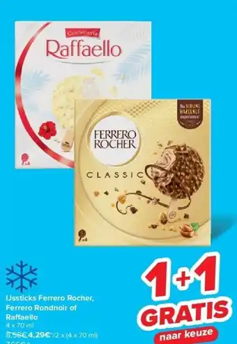 Carrefour IJssticks Ferrero Rocher, Ferrero Rondnoir of Ra aello aanbieding