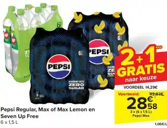 Carrefour Pepsi Regular, Max of Max Lemon en Seven Up Free aanbieding