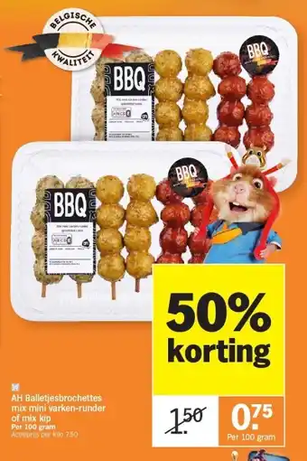 Albert Heijn Balletjesbrochettes mix mini varken-runder of mix kip aanbieding
