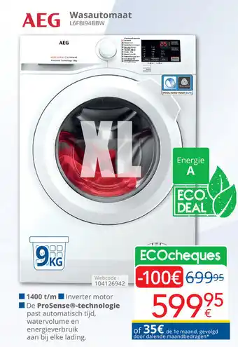 Eldi AEG Wasautomaat L6FB194BBW aanbieding