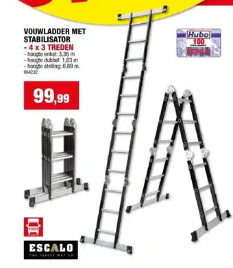 Hubo VOUWLADDER MET STABILISATOR - 4 x 3 TREDEN aanbieding