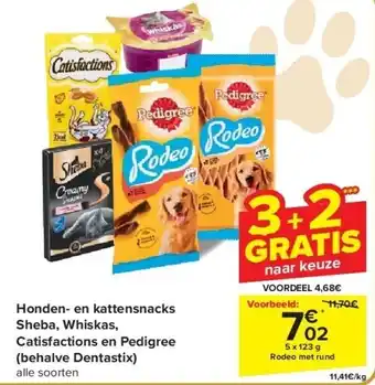 Carrefour Honden- en kattensnacks Sheba, Whiskas, Catisfactions en Pedigree (behalve Dentastix) aanbieding