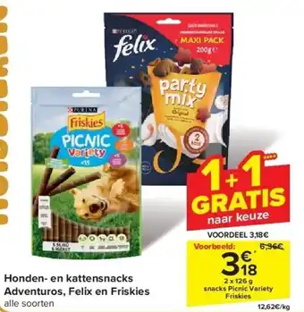 Carrefour Honden- en kattensnacks Adventuros, Felix en Friskies aanbieding