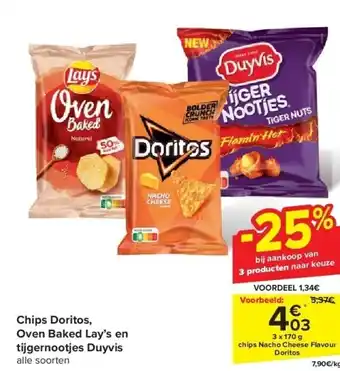 Carrefour Chips Doritos, Oven Baked Lay’s en tijgernootjes Duyvis aanbieding