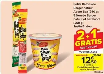 Carrefour Petits Bâtons de Berger natuur Apero Box (240 g), Bâton de Berger natuur of hazelnoot (250 g) Justin Bridou aanbieding