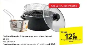 Geëmailleerde friteuse met mand en deksel
