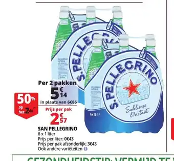 Auchan San Pellegrino 6 x 1 liter per 2 pakken aanbieding