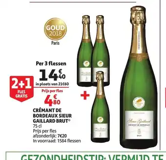 Auchan Cremant De Bordeaux Sieur Gaillard Brut 75cl per 3 Flessen aanbieding