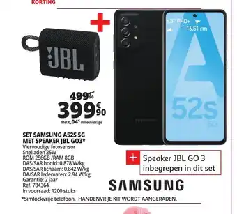 Auchan Set Samsung A52S 5G Met Speaker JBL GO3 + Speaker JBL GO 3 Inbegrepen In Dit Set aanbieding