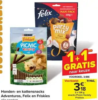 Carrefour Market Honden- en kattensnacks Adventuros, Felix en Friskies aanbieding