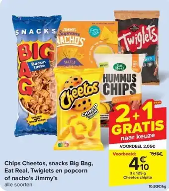 Carrefour Chips Cheetos, snacks Big Bag, Eat Real, Twiglets en popcorn of nacho’s Jimmy’s aanbieding