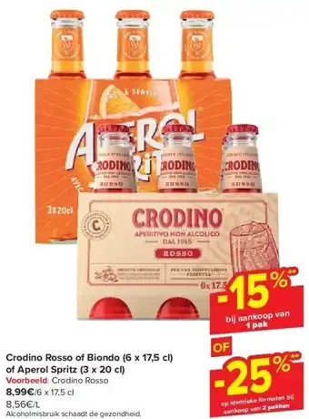 Carrefour Crodino Rosso of Biondo (6 x 17,5 cl) of Aperol Spritz (3 x 20 cl) aanbieding