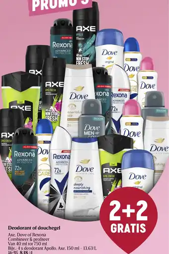 Delhaize Deodorant of douchegel Axe, Dove of Rexona aanbieding