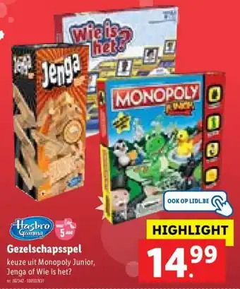 Lidl Gezelschapsspel keuze uit monopoly junior, jenga of wie is het? aanbieding