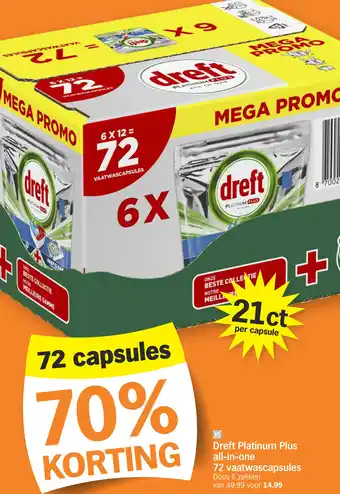 Albert Heijn Dreft Platinum Plus all-in-one 72 vaatwascapsules aanbieding