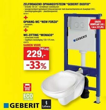 Hubo Zelfdragend ophangsysteem geberit duofix + ophang-wc new forza + wc-zitting monaco aanbieding