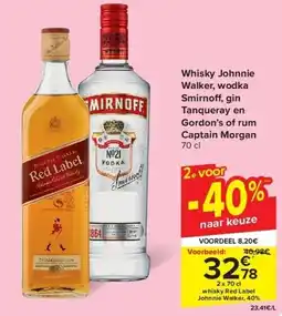 Carrefour Whisky Johnnie Walker, wodka Smirnoff, gin Tanqueray en Gordon’s of rum Captain Morgan aanbieding