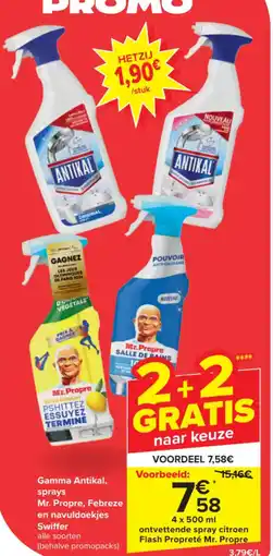 Carrefour Market Gamma Antikal, sprays Mr. Propre, Febreze en navuldoekjes Swiffer 4 x 500ml aanbieding