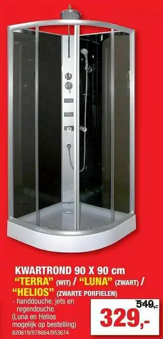 Hubo Complete douchecabine kwartrond terra wit- ‘luna zwart - helios aanbieding