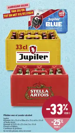 Delhaize Jupiler of Stella Artois Pilsbier met of zonder alcohol aanbieding