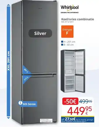 Eldi Whirlpool Koel/vries combinatie WS 911Z 0X1 H201cm B60cm aanbieding
