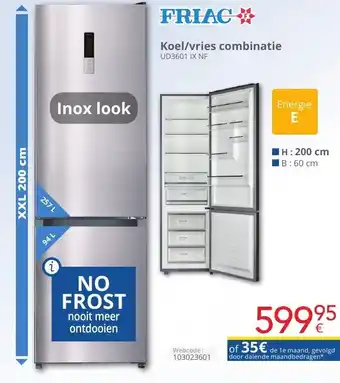 Eldi Friac Koel/vries combinatie UD3601 IX NF H200cm B60cm aanbieding