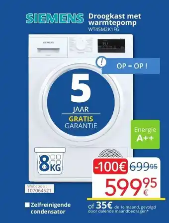 Eldi Siemens Droogkast met warmtepomp WT45M2K1FG 8kg aanbieding