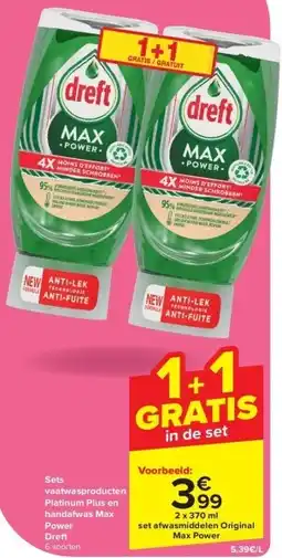 Carrefour Sets vaatwasproducten Platinum Plus en handafwas Max Power Dreft aanbieding