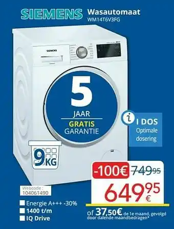 Eldi Siemens wasautomaat wm14t6v3fg aanbieding