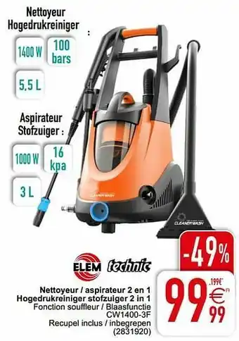 Cora Elem nettoyeur - aspirateur 2 en 1 hogedrukreiniger stofzuiger 2 in 1 cw1400-3f aanbieding