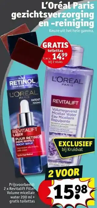 Kruidvat Revitalift filler volume micellair water + gratis toilettas aanbieding
