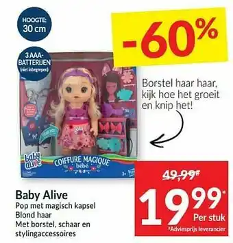 Intermarché Baby alive pop met magisch kapsel blond haar met borstel schaar en stylingaccessoires aanbieding