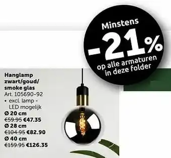 Zelfbouwmarkt Hanglamp zwart-goud- smoke glas aanbieding
