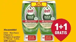 Delhaize Dreft Max Power Original of bergamot & gember Afwasmiddel 2 x 370 ml aanbieding