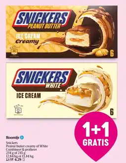 Delhaize Snickers Peanut butter creamy of White Roomijs aanbieding
