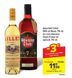 Aperitief Lillet (Wit of Rosé, 75 cl) en rum Havana Club (7 jaar of spiced, 70 cl)