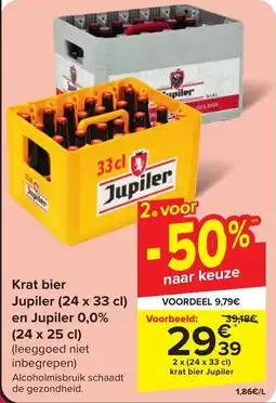 Carrefour Krat bier Jupiler (24 x 33 cl) en Jupiler 0,0% (24 x 25 cl) aanbieding