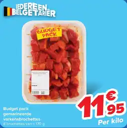 Carrefour Budget pack gemarineerde varkensbrochettes Per kilo aanbieding